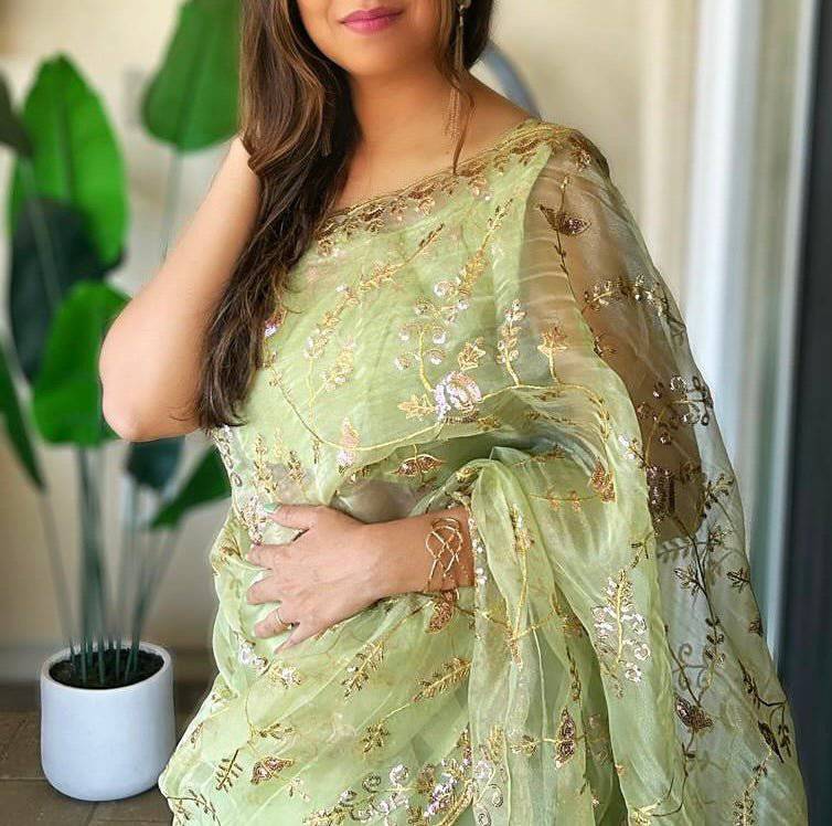 pastel green organza saree