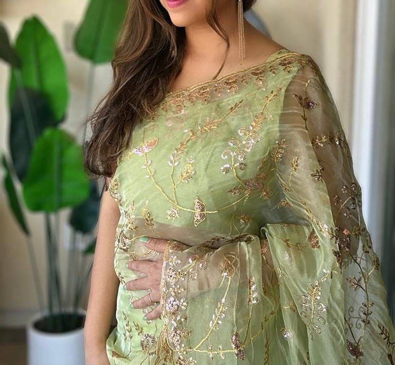 pastel green organza saree