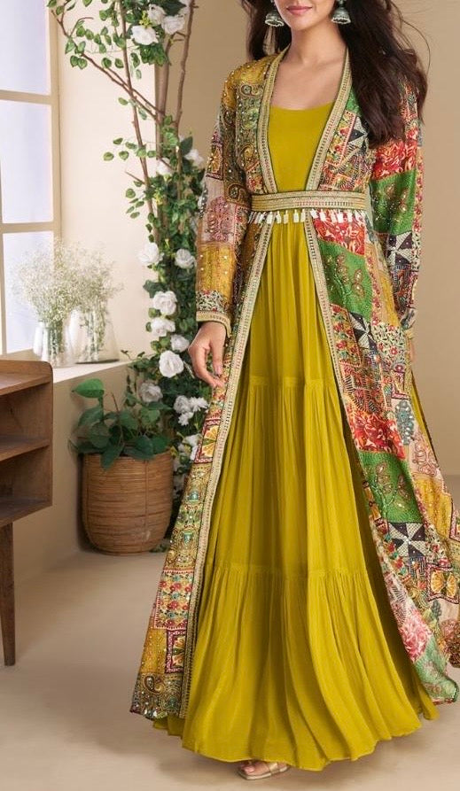 Designer Georgette Anarkali Dress with Hand-Embroidered Silk Shrug & Dupatta – Wedding & Party Wear (Set of 3)