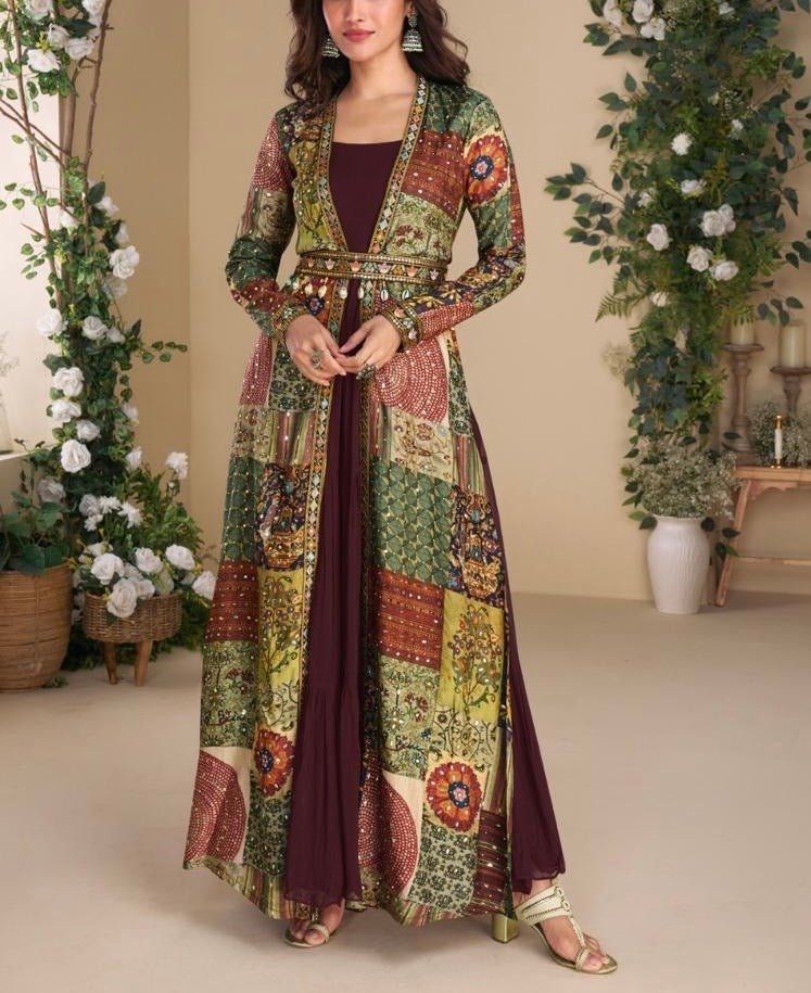 Designer Georgette Anarkali Dress with Hand-Embroidered Silk Shrug & Dupatta – Wedding & Party Wear (Set of 3)