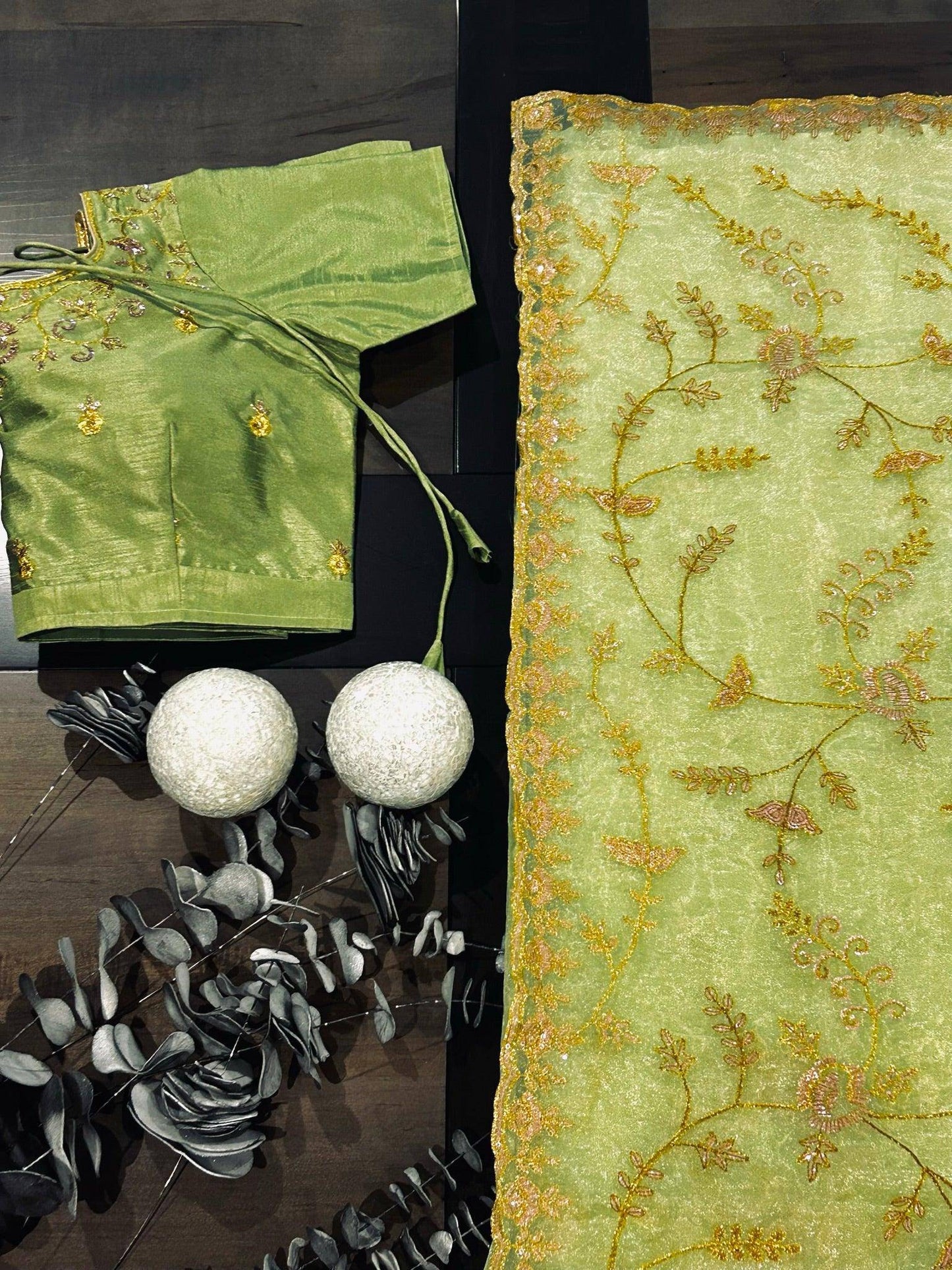 Light green organza saree with zari work saree and ready to wear blouse - Desipartywear