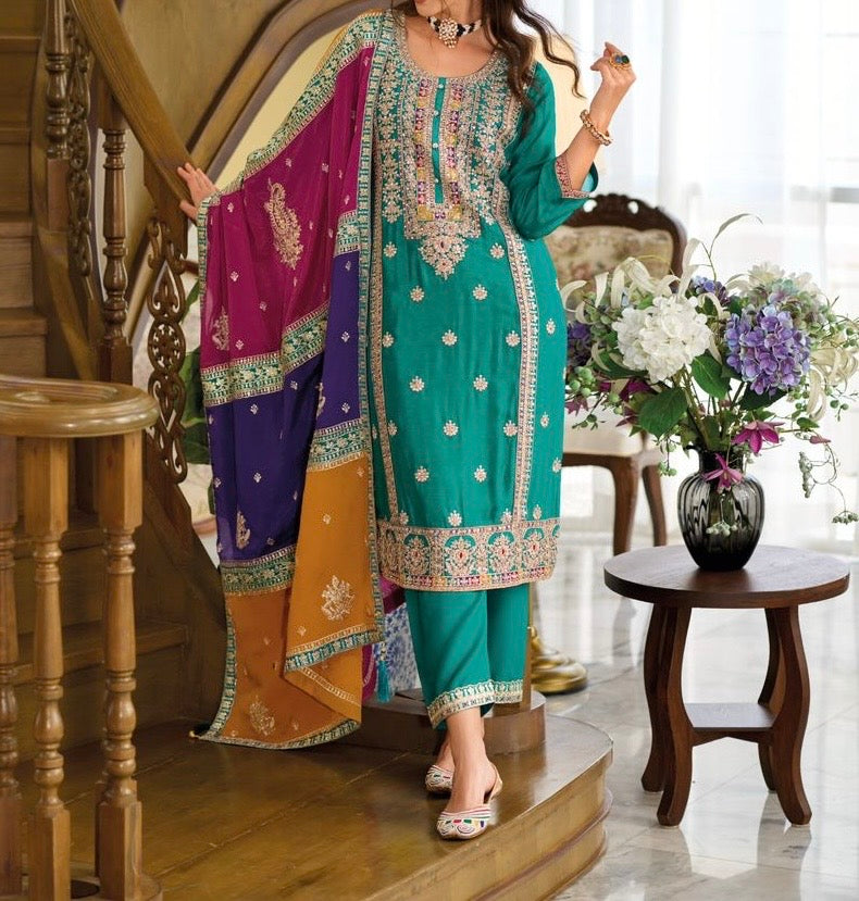 Chinon salwar suit with embroidery work ( Set of 3)