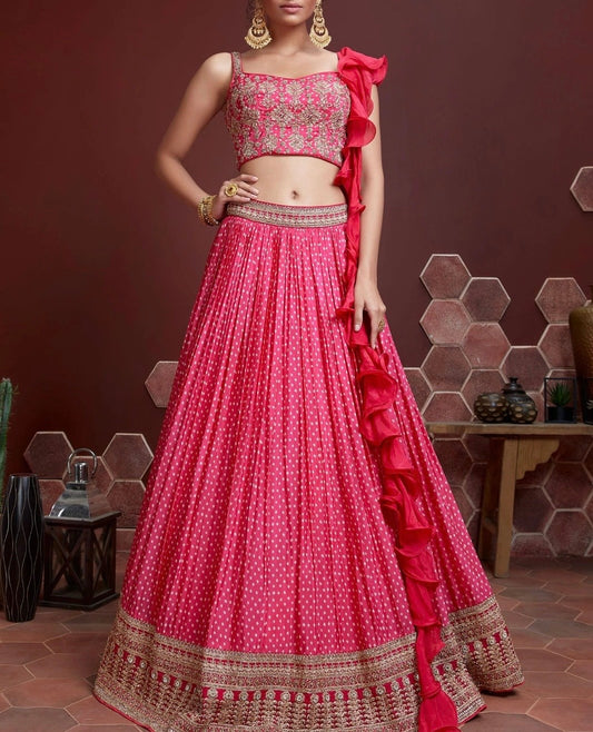 Designer Lehenga with twisted Stoll - Pink ( Set of 3)