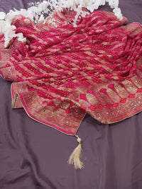 Thumbnail for Reddish Pink Dola Bandhej Dupatta with Chandla and Kardana work