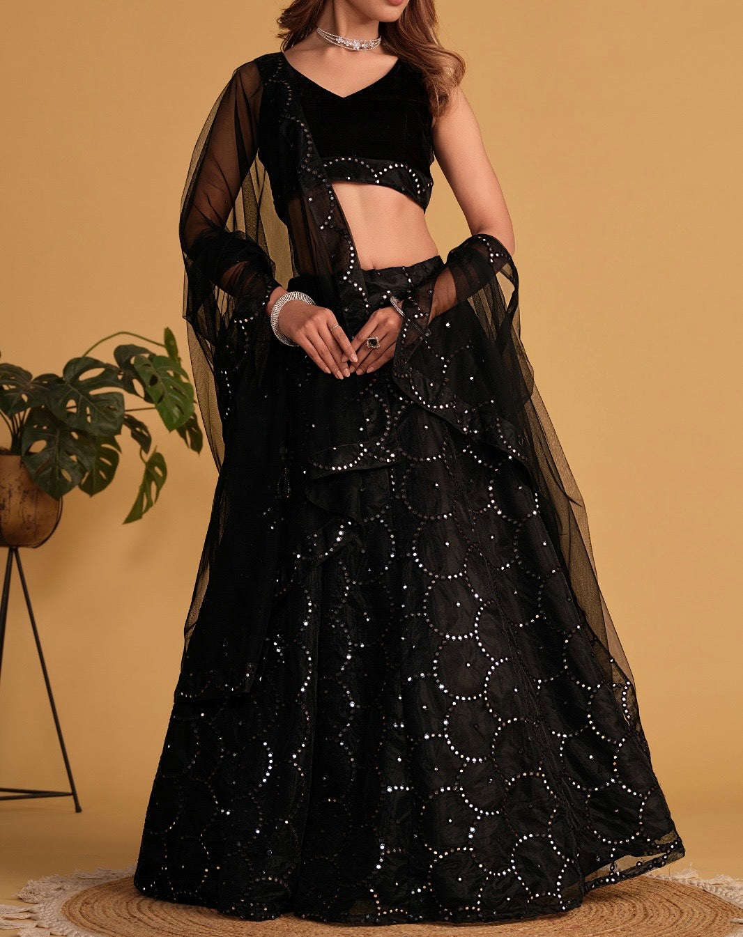 Black lehenga with mirrors