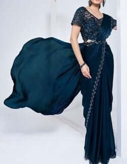 Ready-to-Wear Satin Silk Saree in Dark Blue with Blouse