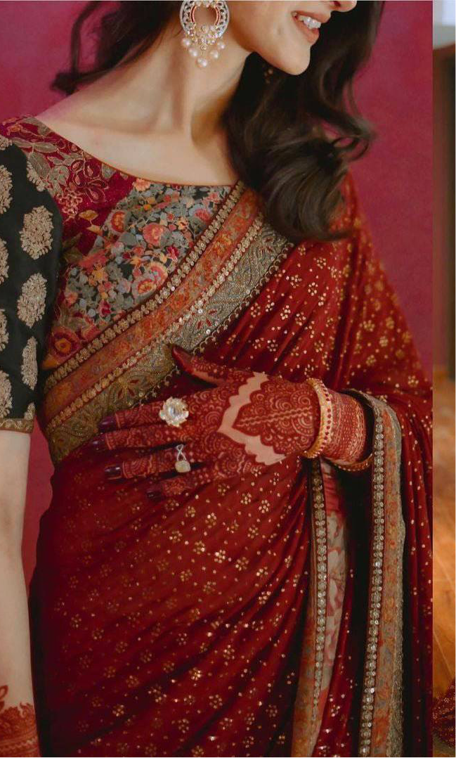 Contrast Blouse Red Saree