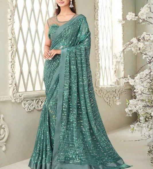 sea green sequin designer saree