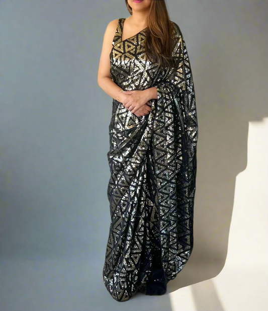 black sequin zig zag saree