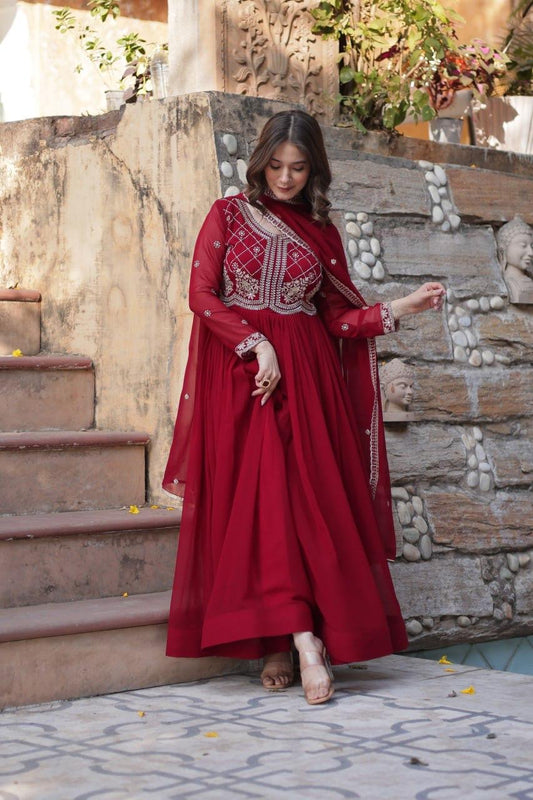 Embroidered Indian Anarkali Gown with Dupatta