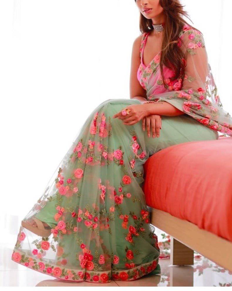 green pink net flower saree