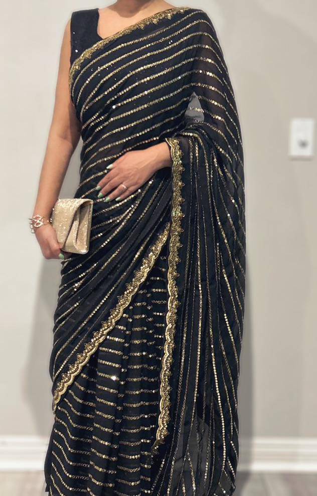 black golden designer sequin saree