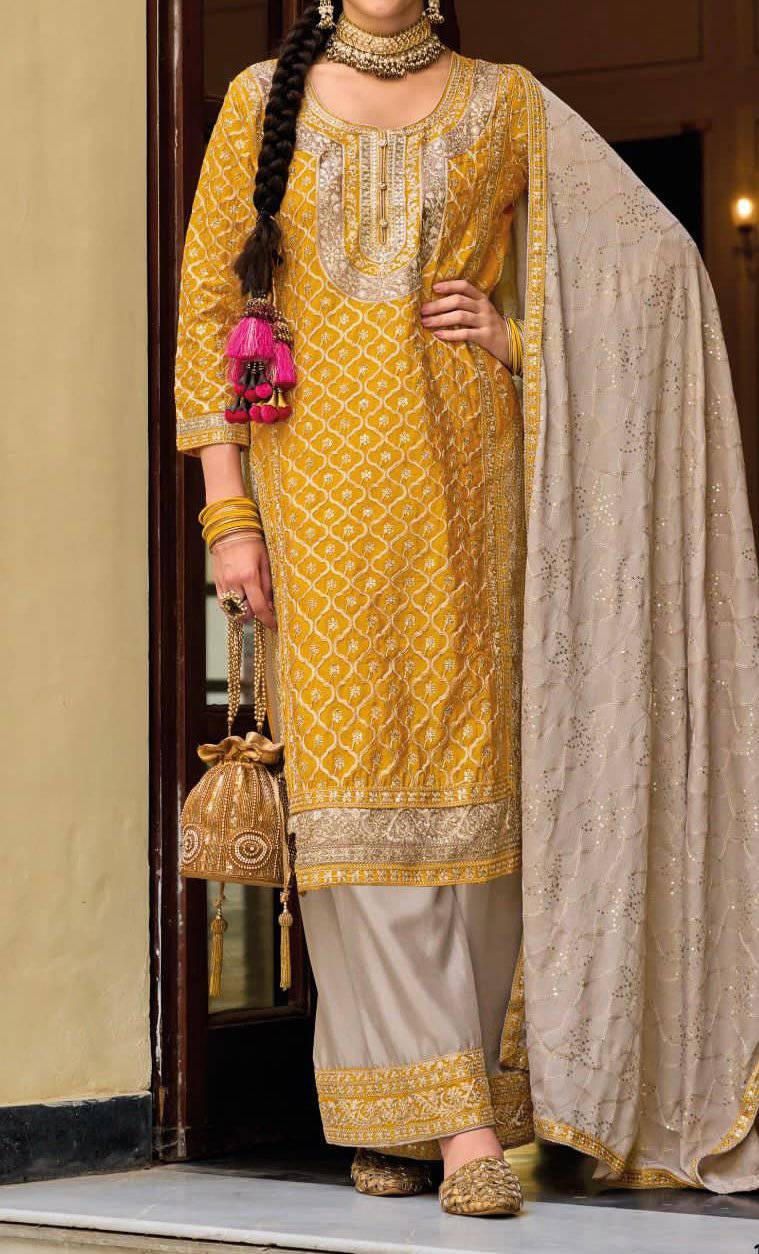 yellow brown designer work salwar suit