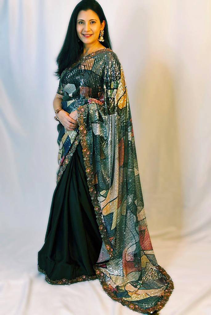 wear designer sequin saree
