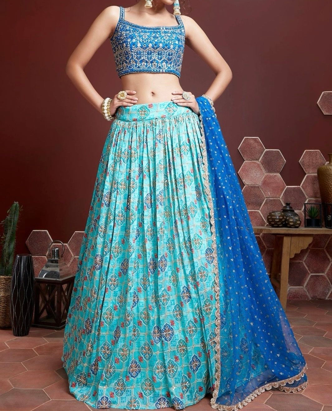 Designer Lehenga - Light Blue ( Set of 3)