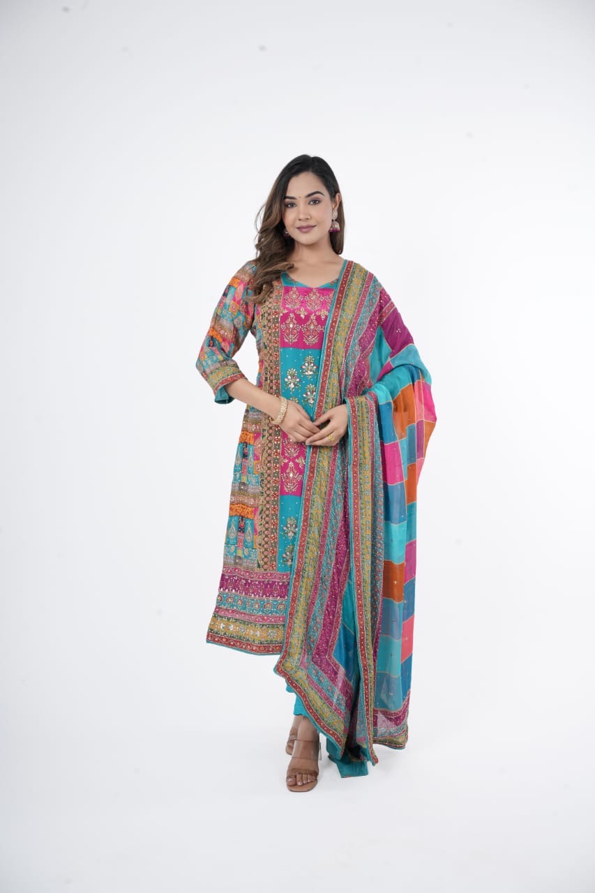 Jaipuri Crepe Silk Salwar Suit ( Set of 3)