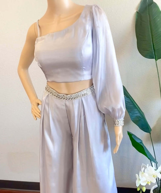 Maya silver crop top with palazzo pants (Set of 2)