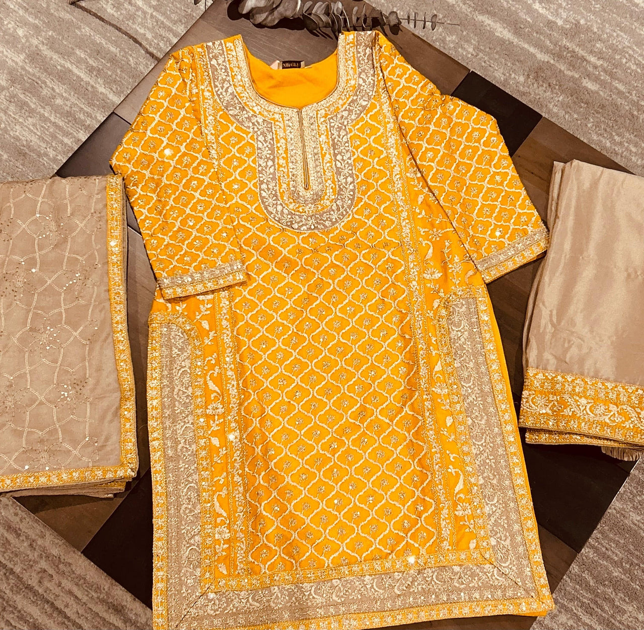 yellow brown designer work salwar suit
