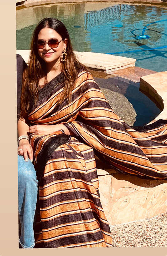 Orange Black Stripe sequin saree with blouse