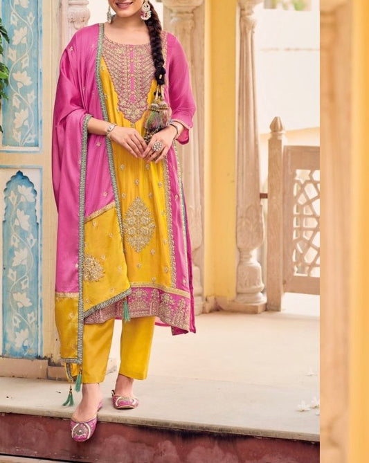 Yellow designer work Salwar Suit ( Set of 3)