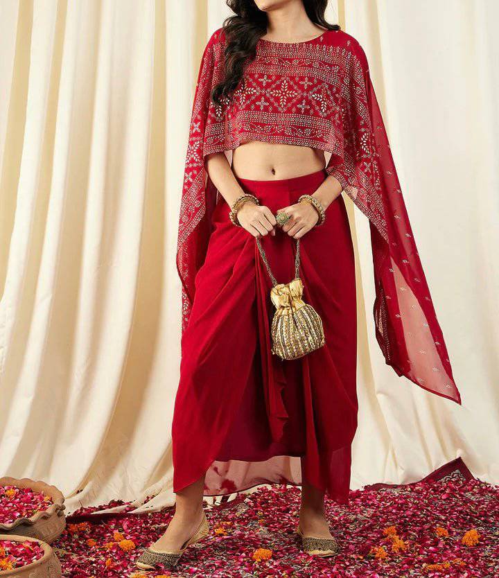 Red Dhoti style Bottom and Top | Desipartywear