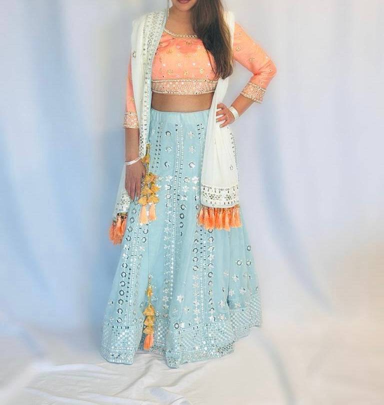 pastel peach blue lehenga