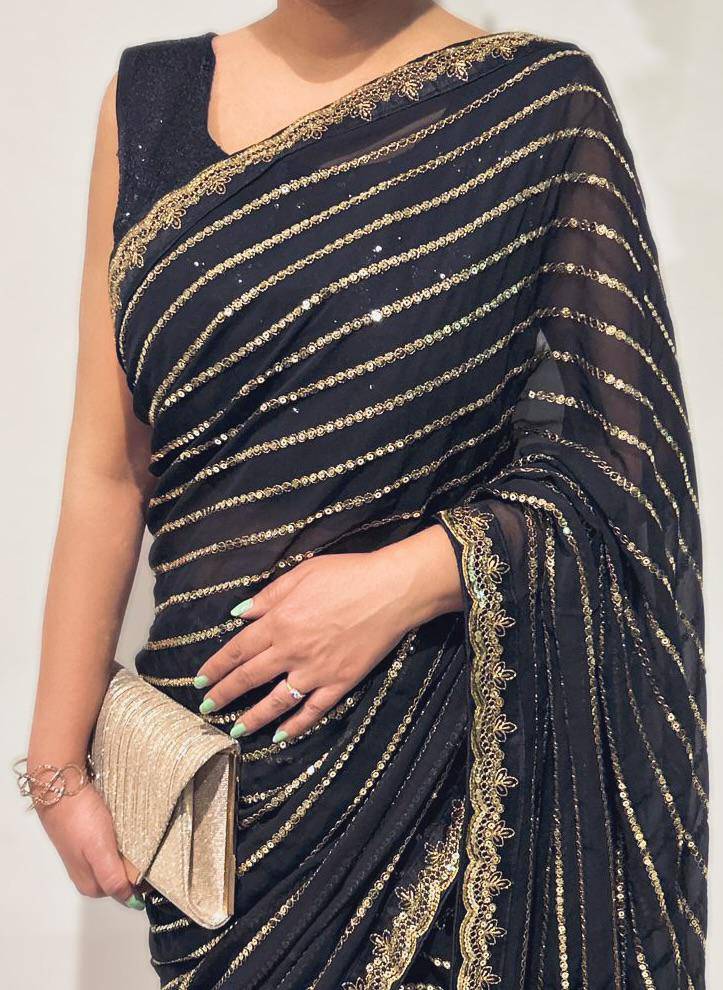 black golden designer sequin saree