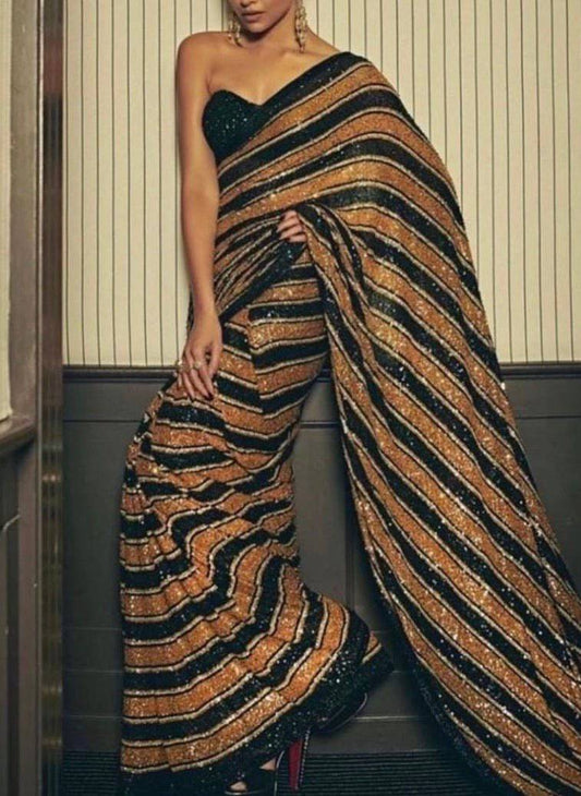 orange black stripe sequin saree