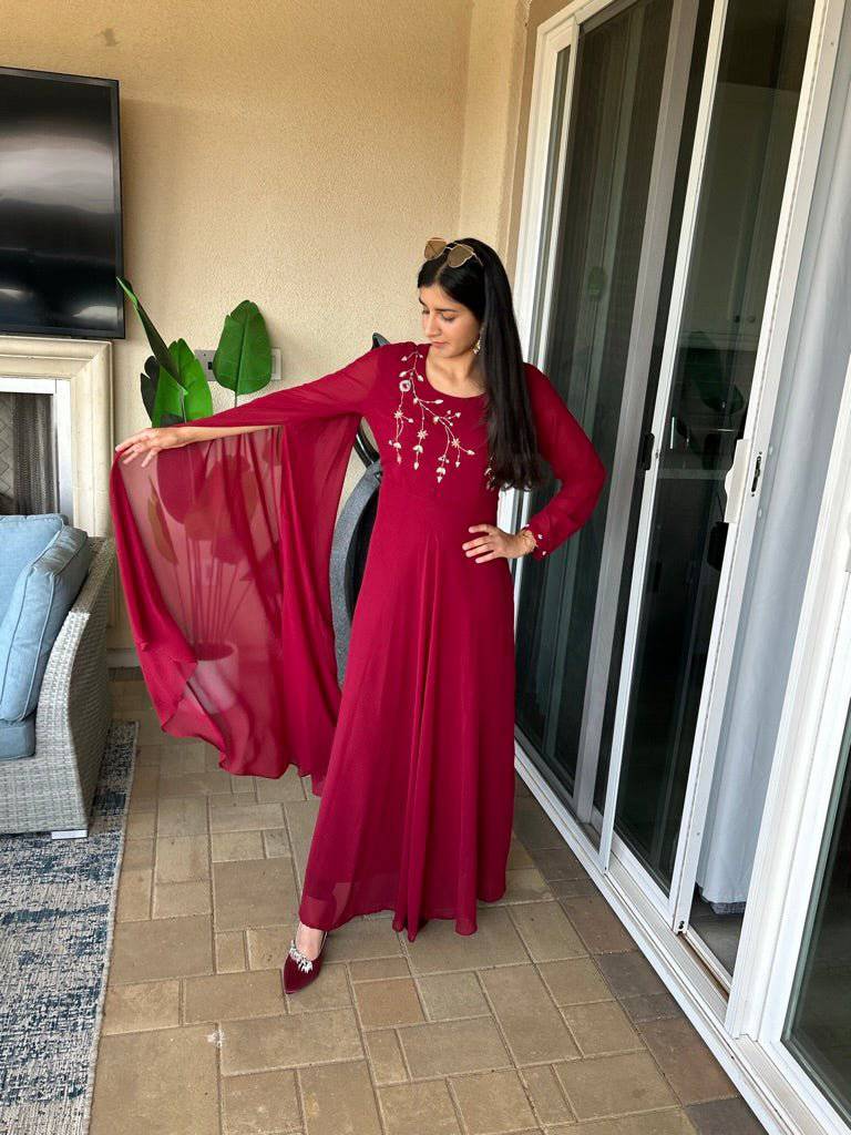 single bell sleeve red gown