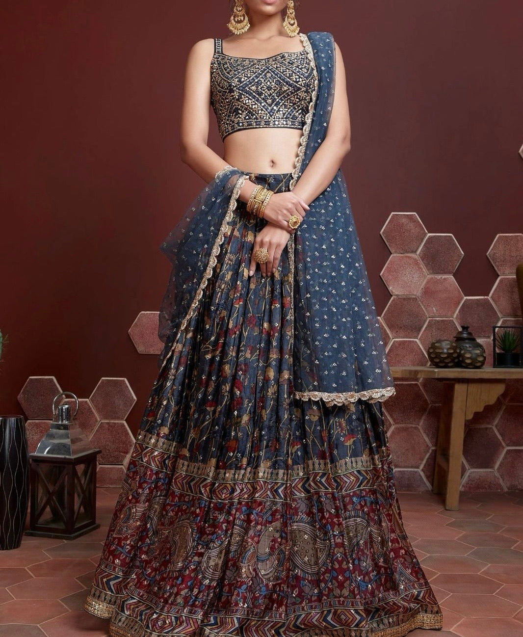 Designer Lehenga - Blue ( Set of 3)