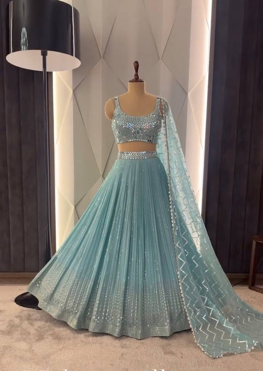 Sky Blue lehenga and Choli with Mirror work (Set of 3)