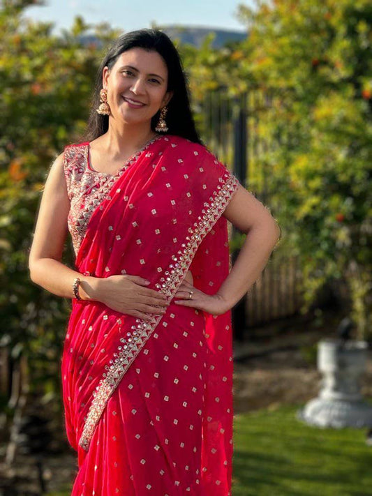 Bright Pink Ruffle Saree - Desipartywear