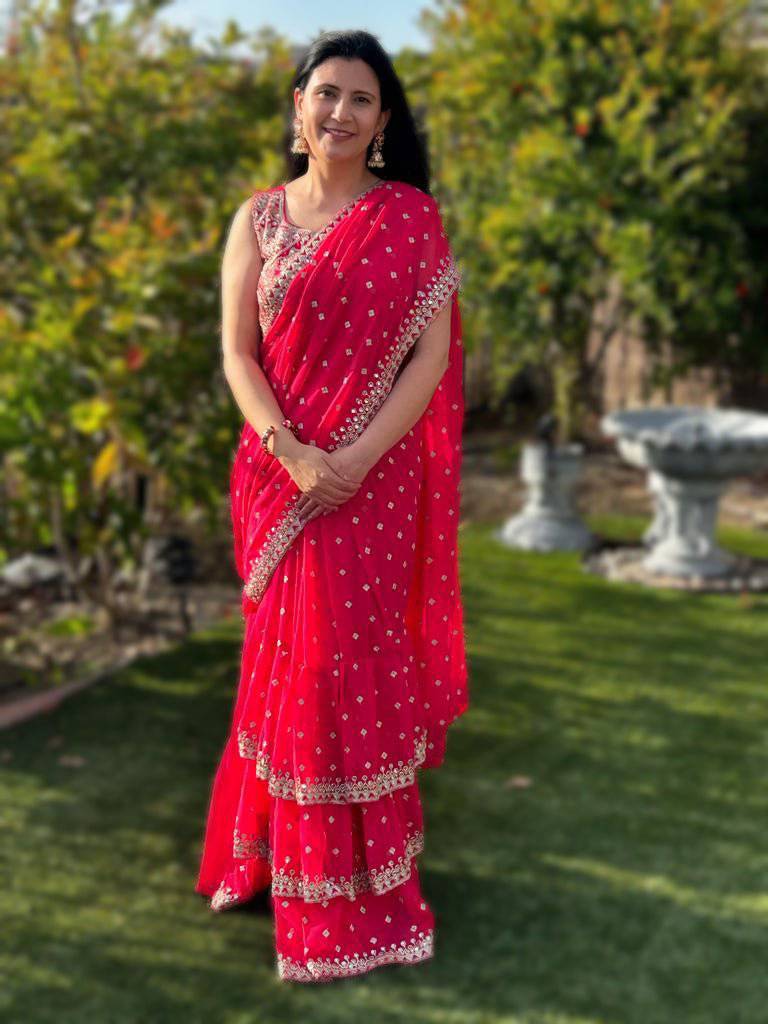 Bright Pink Ruffle Saree - Desipartywear