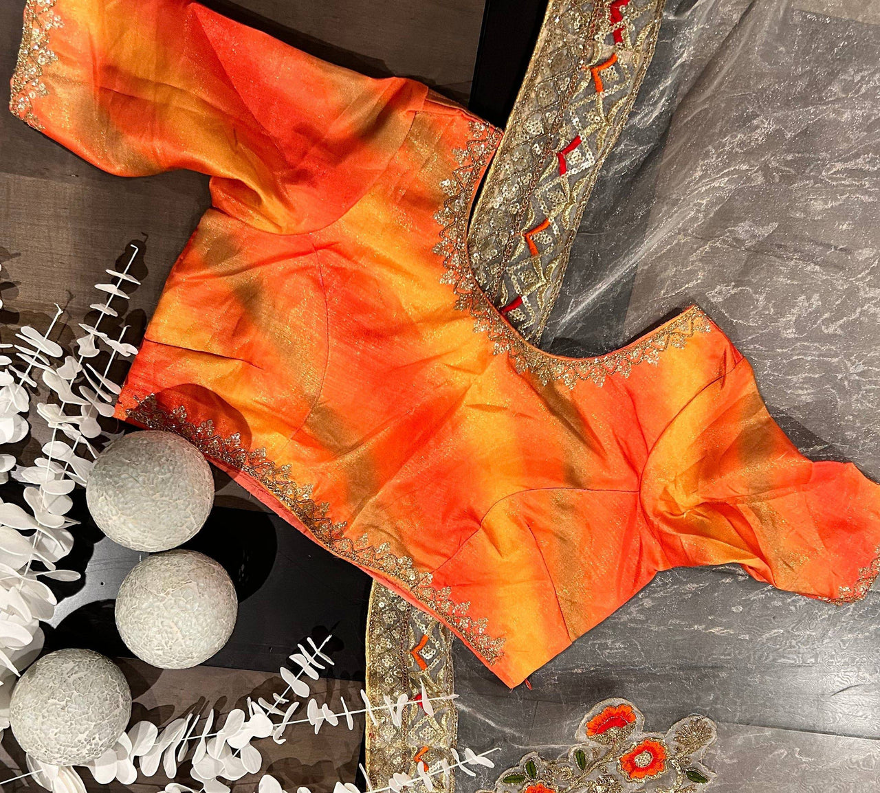 Creame and orange pure organza silk saree with ready to wear blouse - Desipartywear