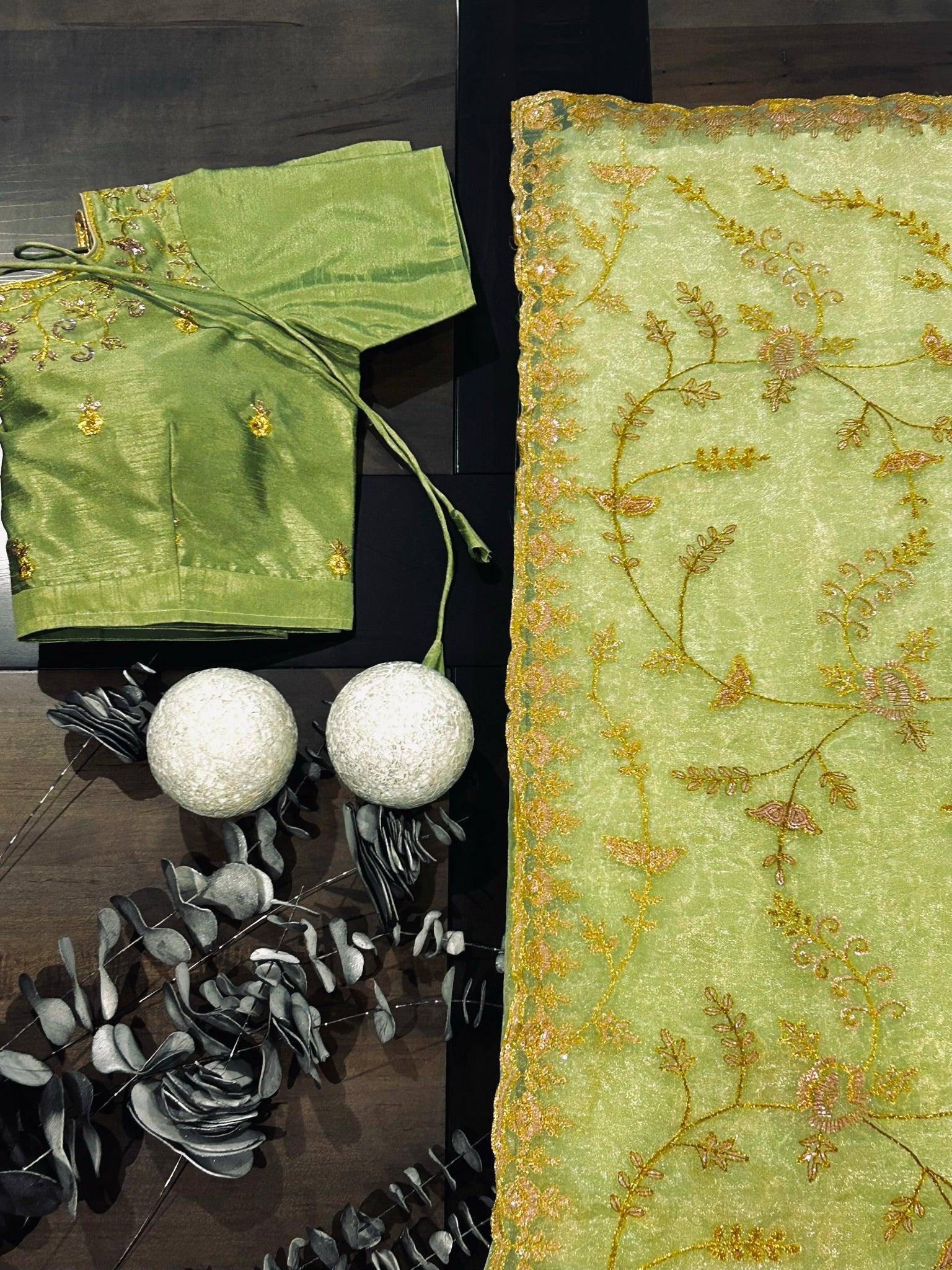 Light green organza saree with zari work saree and ready to wear blouse - Desipartywear