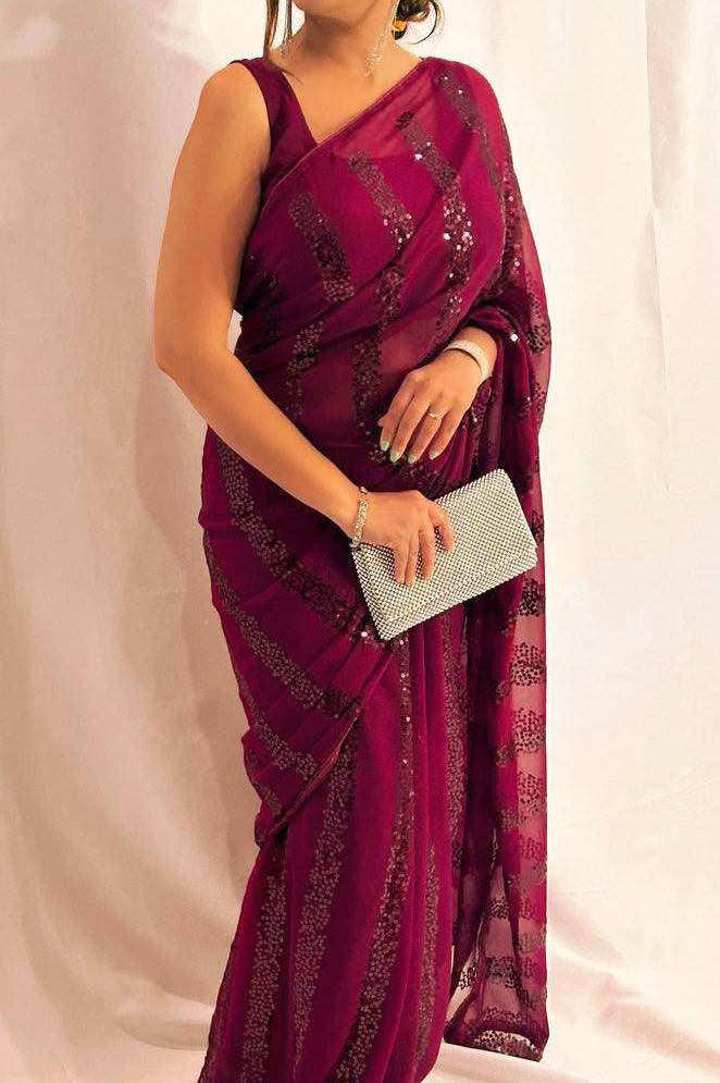 Mauve Sequin Saree with ready to wear blouse - Desipartywear
