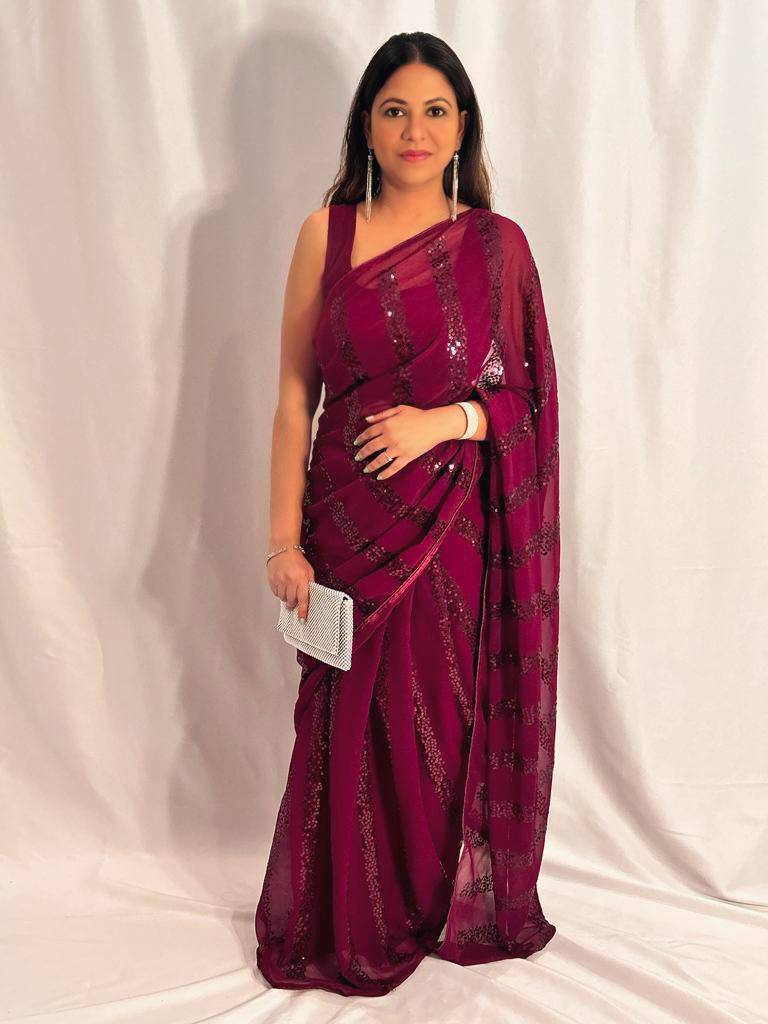 Mauve Sequin Saree with ready to wear blouse - Desipartywear