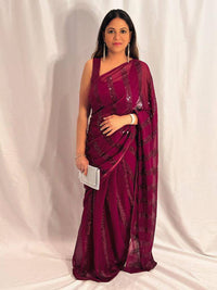 Thumbnail for Mauve Sequin Saree with ready to wear blouse - Desipartywear