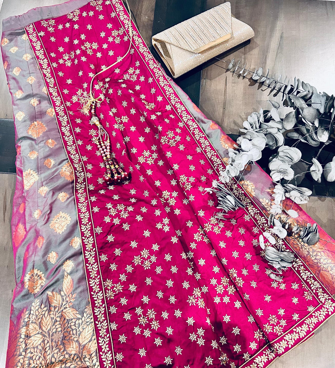 Pink Grey Unstiched Lehnga - Desipartywear