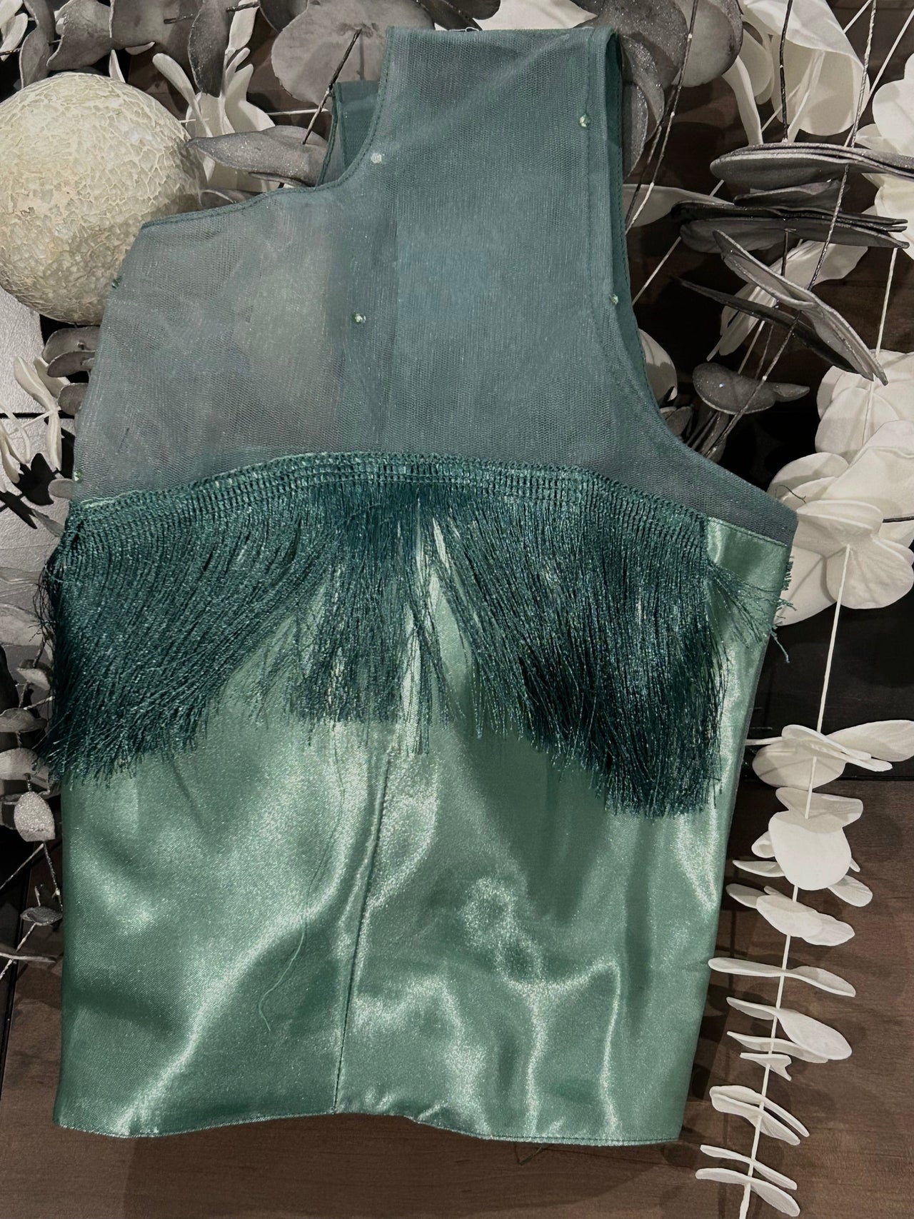 Sea green sequin designer saree with designer sleeveless ready to wear blouse - Desipartywear